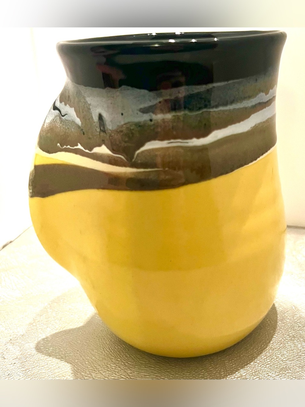 Studio Art Pottery Signed Neber Stoneware Mug Yellow/Black/ Watchman Grip Handle